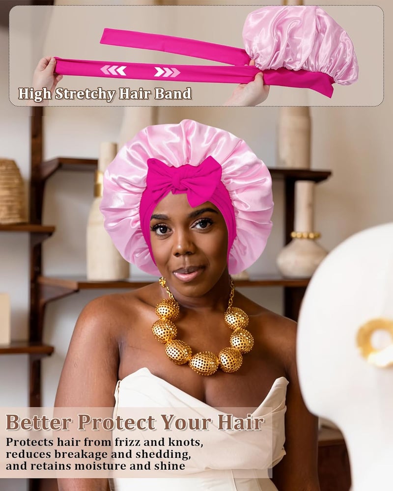 CHLINS Reversible Satin Bonnet for Sleeping Women Double Layer Hair Bonnet with 2PCS Hair Scrunchies Elastic Tie Band Night Cap - Image 3